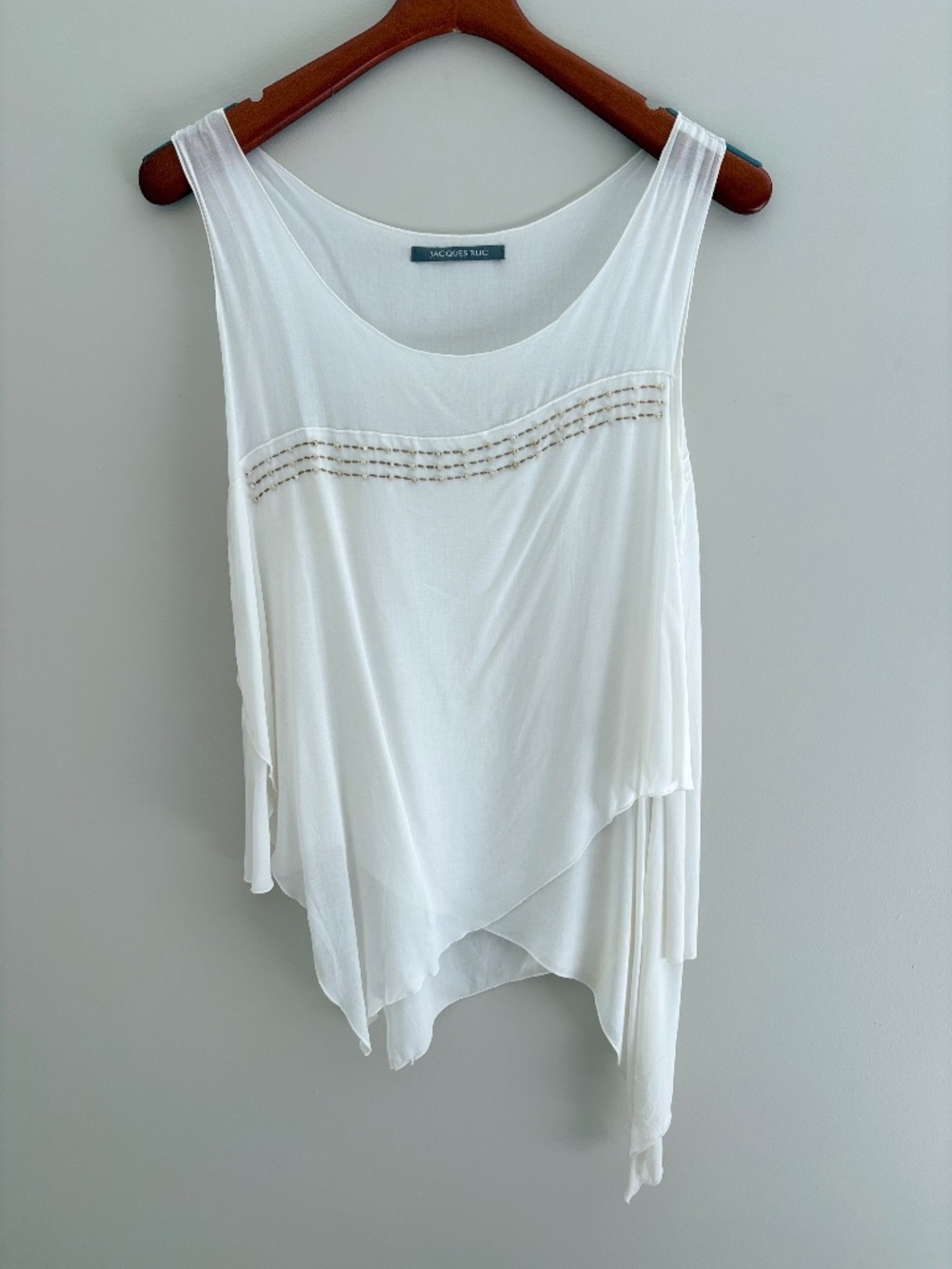 Jacques Ruc beaded, asymmetrical sleeveless top size small in white